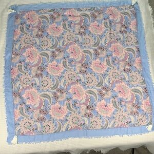 J Jill Purejill 100% cotton square floral scarf with tassels light blue